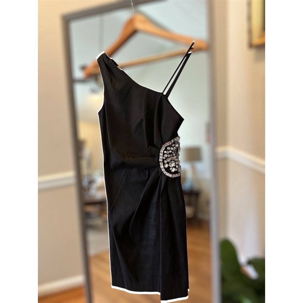 Betsy & Adam One Shoulder Cocktail Dress Black Silver Small
